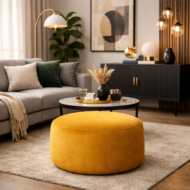 pouf design moderno in velluto giallo in elegante soggiorno contemporaneo con divano grigio e illuminazione calda