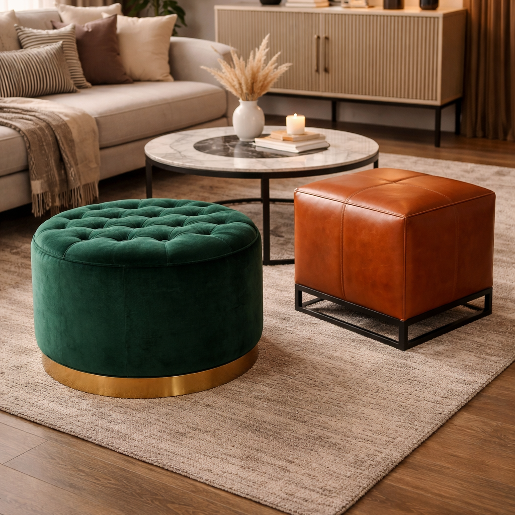 pouf rotondo in velluto verde e pouf quadrato in pelle marrone in soggiorno moderno con divano beige e tavolino elegante