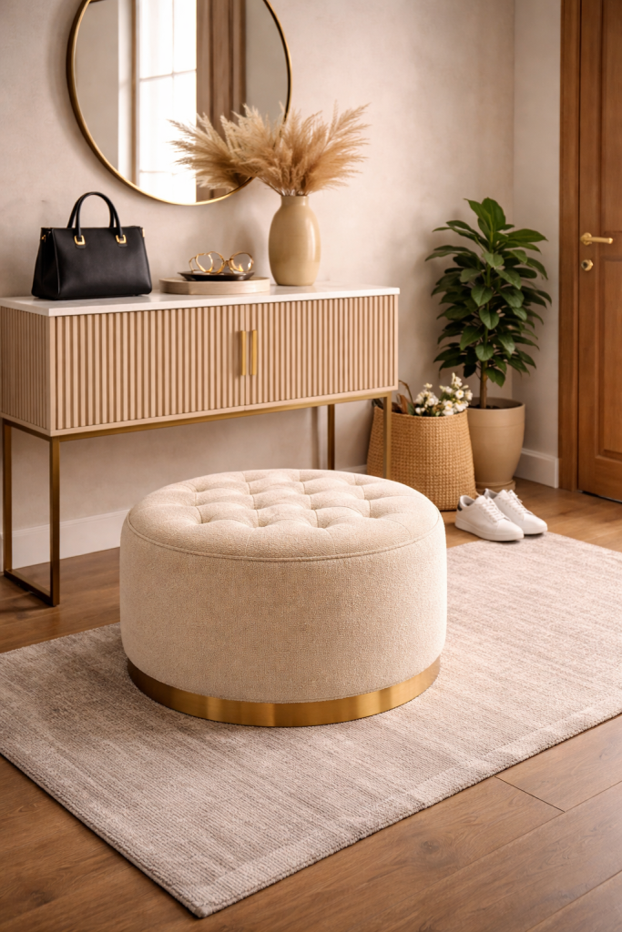 pouf rotondo beige in bouclé in elegante ingresso con consolle moderna, specchio dorato e decorazioni minimal