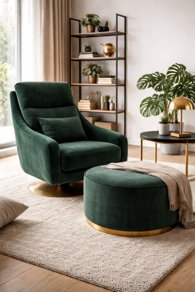 poltrona relax in velluto verde con pouf rotondo e base dorata in elegante soggiorno moderno con piante e luce naturale