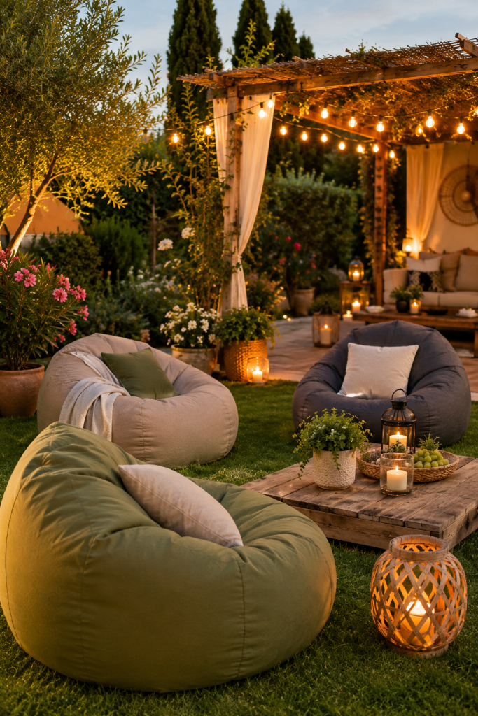 Area relax in giardino con pouf impermeabili, illuminazione soffusa e atmosfera accogliente per il relax serale all'aperto